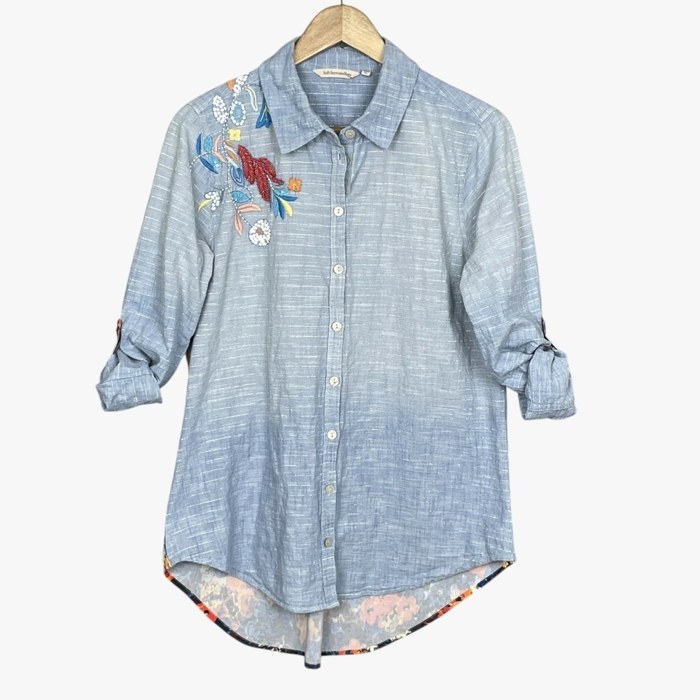 Soft Surroundings Boho Chambray Embroidered Top Womens L Roll Tab Beads Artsy